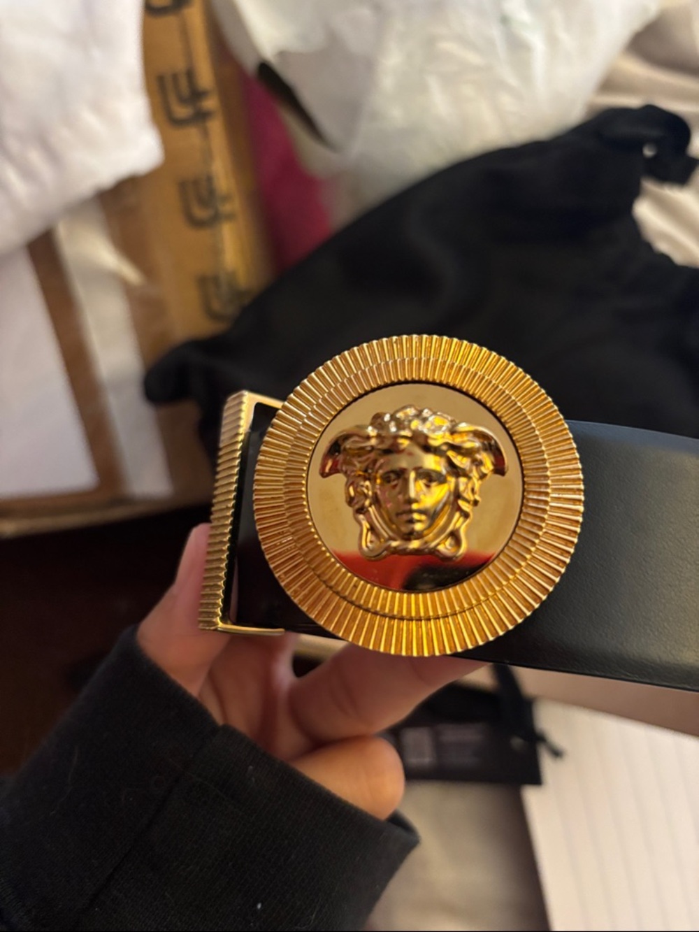 VERSACE RARE RUNWAY Black Leather Belt with Gold Medusa Medallion NWT